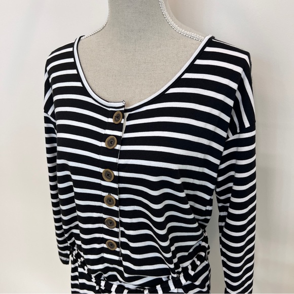 💙💛 Sanctuary Black White Striped Sullivan Henley Scoop Neck T-Shirt Dress - Picture 4 of 11